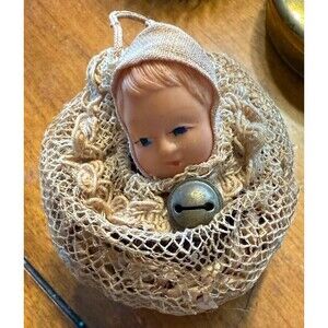 Antique Celluoid Baby Doll with Bell Net Candy Basket Container **Torn** Painted